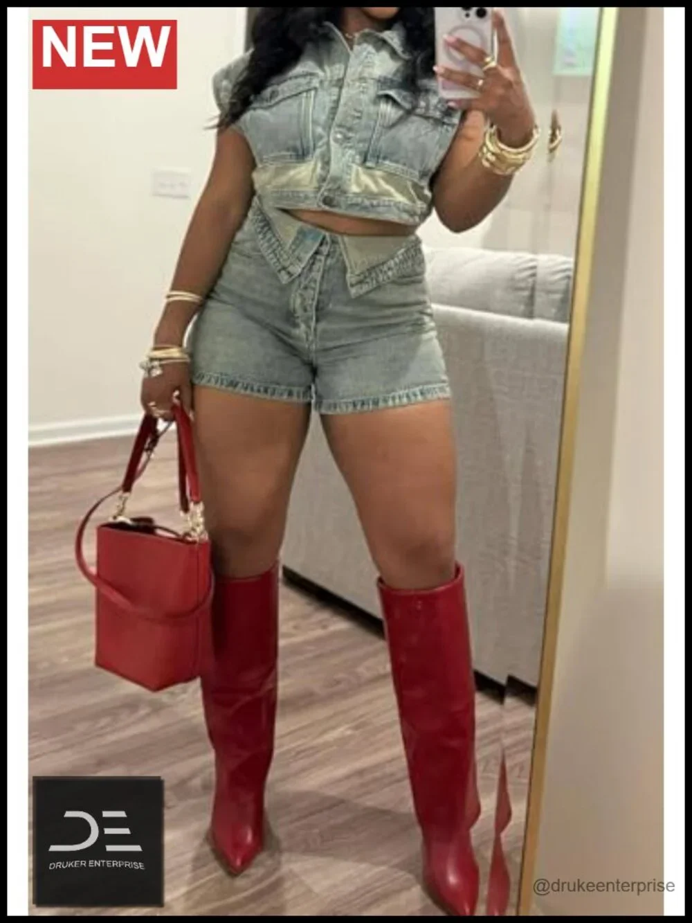 Y2K Denim 2 Piece Set: Cap Sleeve Tank & Asymmetrical Shorts, Stretchy, Pockets